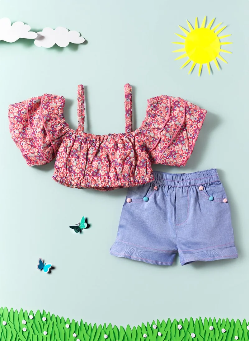 Girls' Striped Ruffled Off-shoulder Top & Shorts Co-ord Set